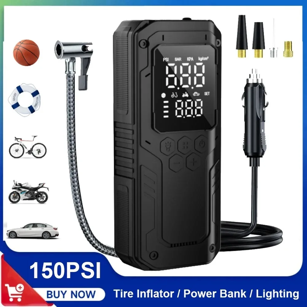 

Автомобильный воздушный насос 150PSI, цифровой насос для накачивания шин, 12 В, воздушный компрессор для шин с шнуром питания постоянного тока, внешний аккумулятор, светодиодная подсветка