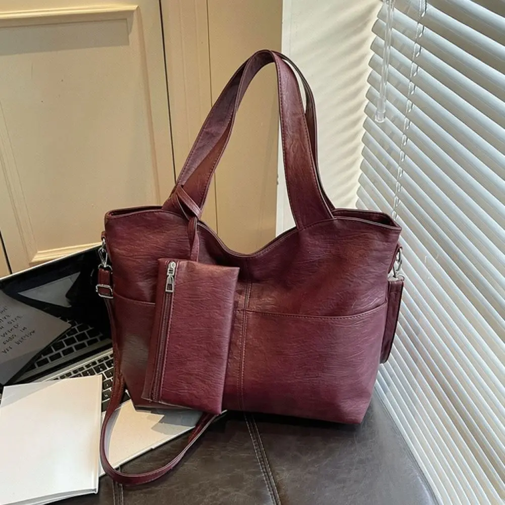 Retro Women Tote Bag Soft Leather Shoulder Purse Large Capacity Handbag Simple Fashion Casual Daily Carrier