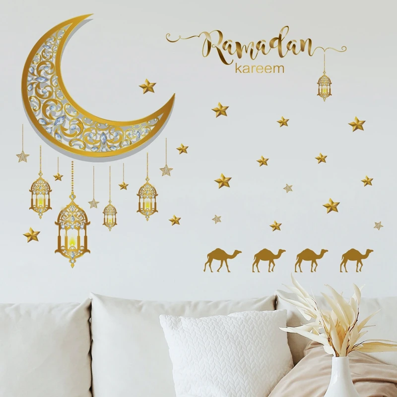 Ramadan Wall Stickers Moon Star Lantern DIY Wall Decal Ramadan Kareem Decoration For Home 2024 Islamic Muslim Mural Eid Mubarak