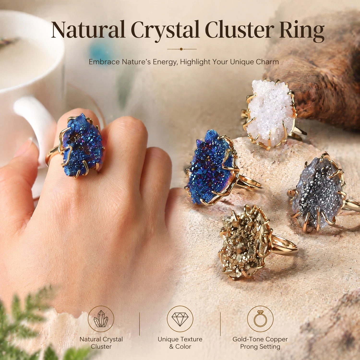 2026 Adjustable Natural Crystal Raw Cluster Ring Colorful Healing Crystal Jewelry Unisex Crystal Wristband Mindfulness Accessory