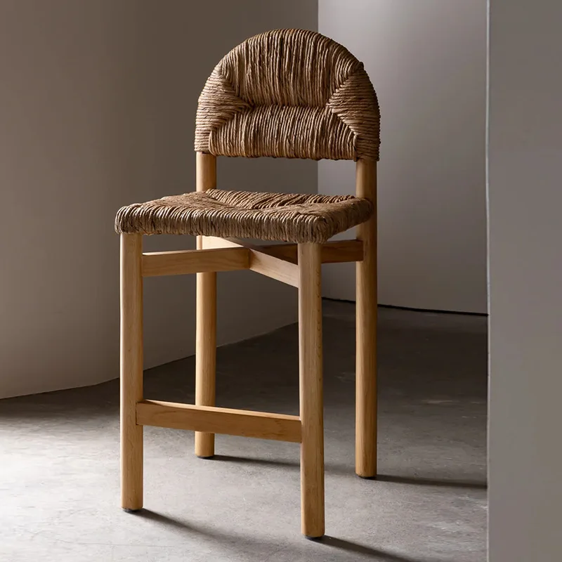 

Бытовой барный стул из цельного дерева на высоких ножках, скандинавский барный стул ins, стойка регистрации, барный стул со спинкой, табурет из соломенной веревки