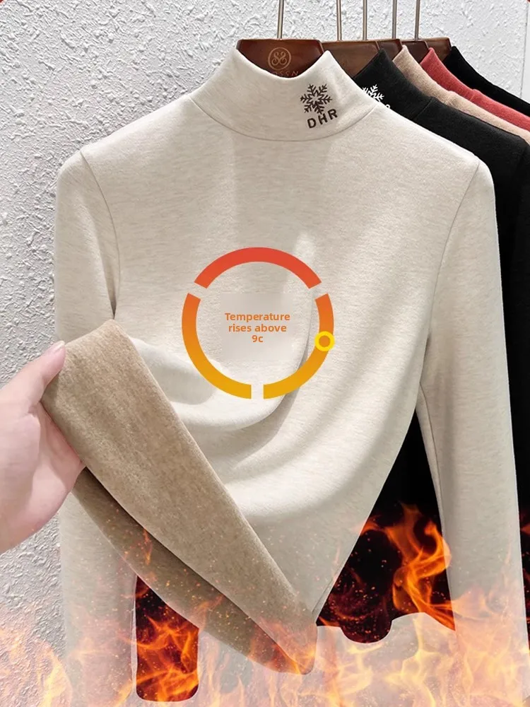 2026 Fall Winter Women Wool Silk Blend Turtleneck T-shirt Long Sleeve Thermal Warm Fleece Lined Thick Base Layer Undershirt Tops