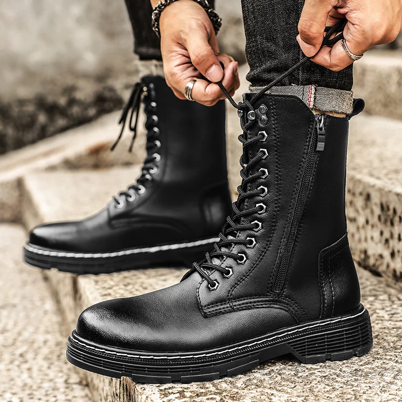 

High top boots for men, British style workwear motorcycle boots, summer black side zipper, mid rise soft leather boots for men