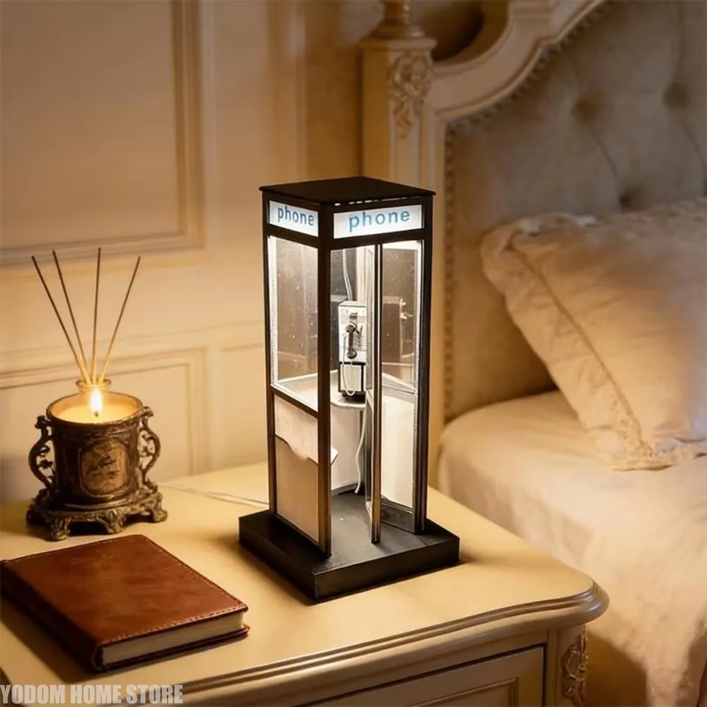 C Retro Vintage Tall Phonebooth Lamp, Classic Telephone Booth Table Lamp With Warm LED Light, Phone Box Decorative Night Light