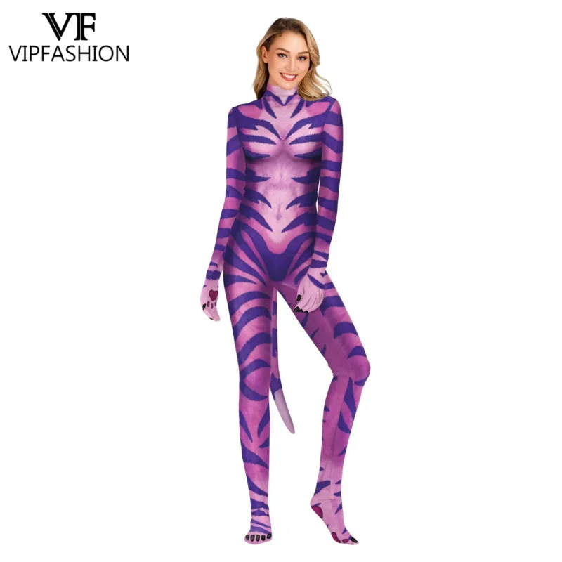 VIP FWASHINGTON Funny costumes Animal Leopard Print Adult body Unisex Zentai Jumpsuit with Tail 3D Cosplay Clothing Fancy Dress