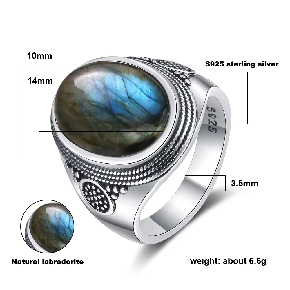 خمر S925 فضة 10*14 مللي متر اللابرادوريت الدائري مع Moonstone كبير الحجر الطبيعي خواتم ريترو بوهو مجوهرات للرجال النساء