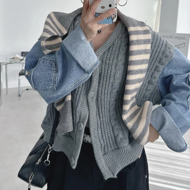 

2025 New Autumn Color-Block Denim Patchwork Sweater Jacket