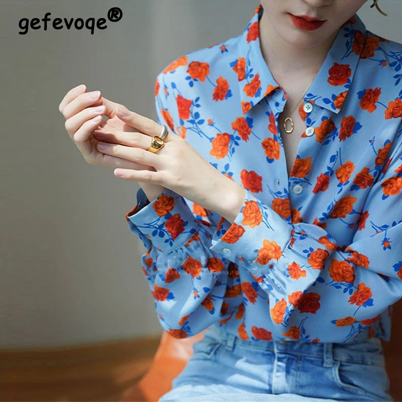 Women\'s Clothing 2023 Flower Print Vintage Elegant Button Up Shirt Trendy Street Chic Blouse Long Sleeve Loose Tops Blusas Mujer