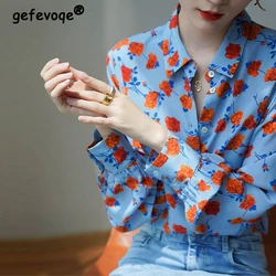 Women's Clothing 2023 Flower Print Vintage Elegant Button Up Shirt Trendy Street Chic Blouse Long Sleeve Loose Tops Blusas Mujer