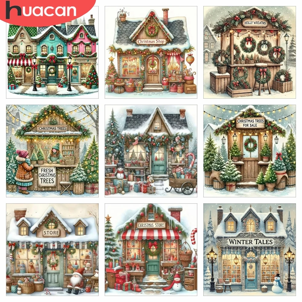 HUACAN 5d Diy Diamond Painting House Winter Christmas Landscaope Handicrafts Diamond Mosaic Kits Shop Store Wall Decor Gift