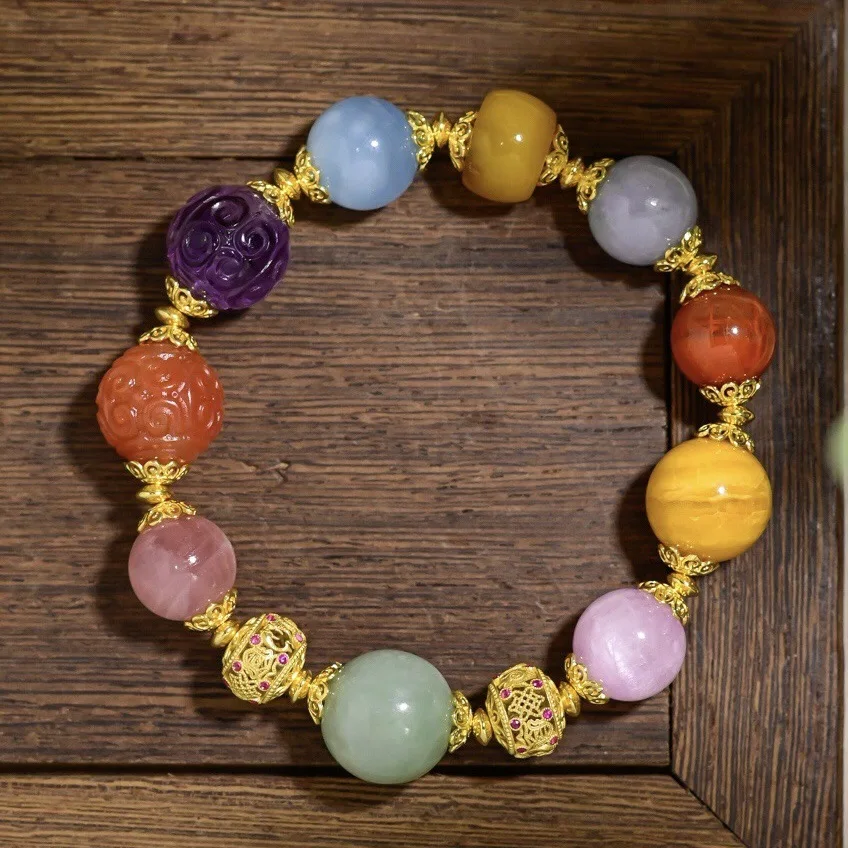 

Браслет Multi-Bao из натурального драгоценного камня, янтарный аметист, нефрит Наньхун и серебро S925, подарок на удачу в китайском стиле