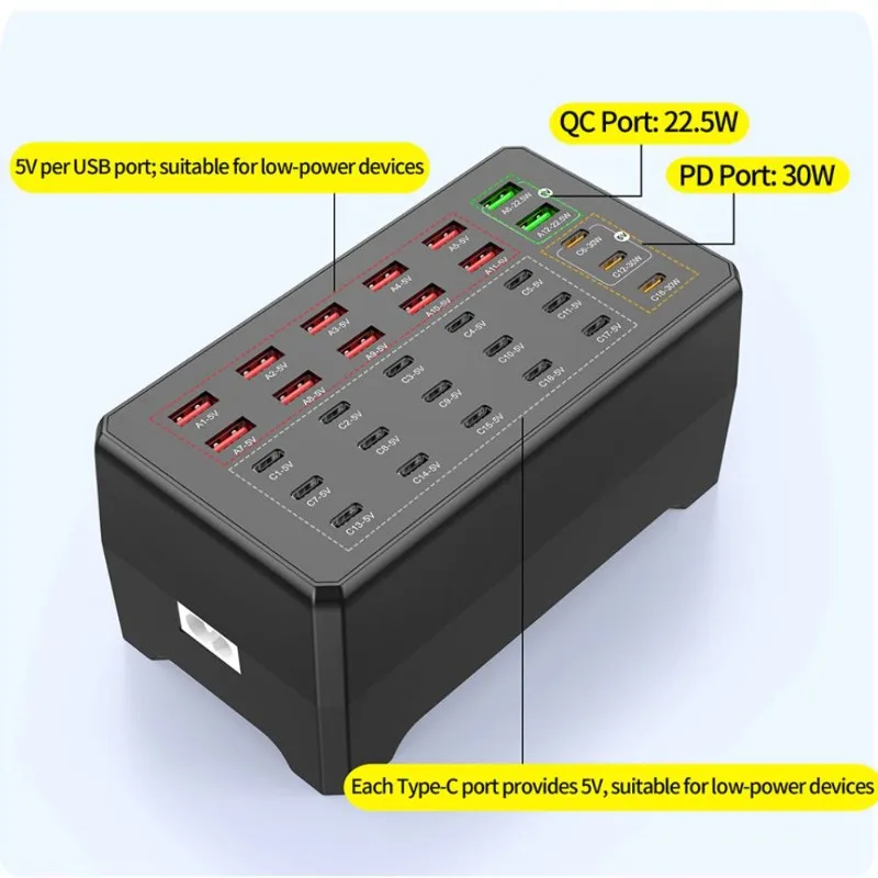 30 Ports USB A Type C Smart Charger Hub 12A 18C Multi Port Desktop Fast Charging Station Dock For phone Tablet Charger
