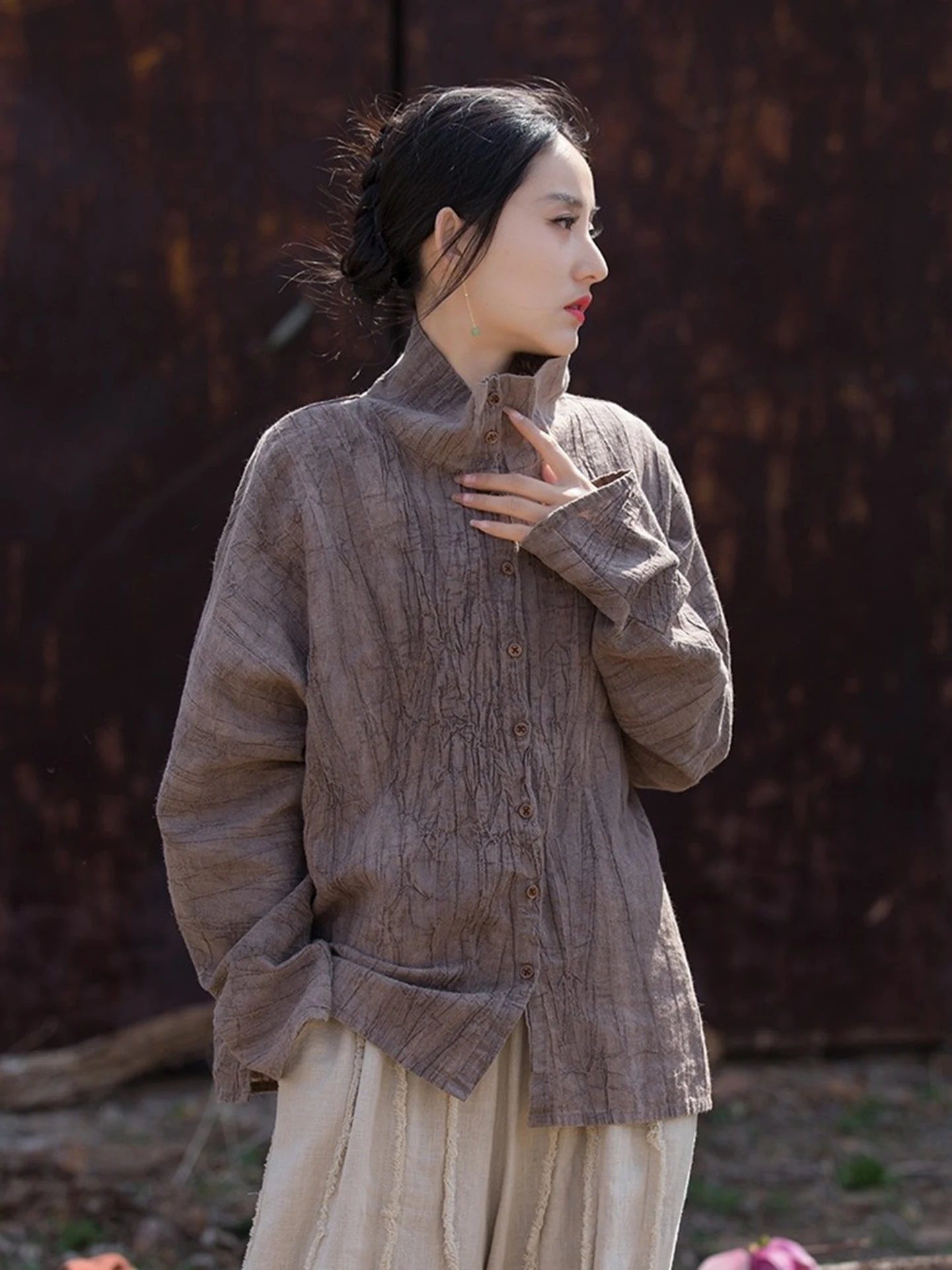 Women's Cotton Linen Long Sleeve Dyed Shirt Loose Versatile Chinese Style Half High Collar Open Cardigan Breathable Spring Ou...