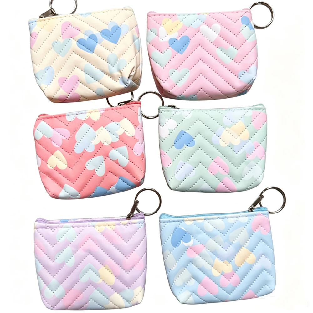 12pcs Short Coin Purse Retro Women PU Love Print Multi Zipper Storage Bag Mix Color 2inch