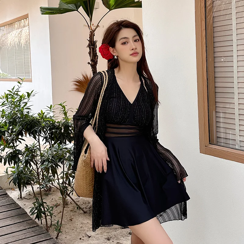 

Swimsuit Sets Ladies Korea Padded Swimdress with Cover Ups Large Size Women Modest Swimwear Bathing Suit Monokini One-piece