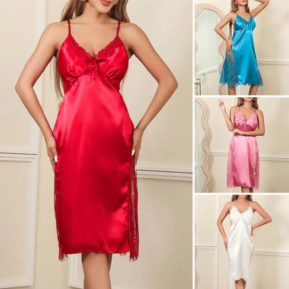 

Women Nightdress Silky See-through Lace Loose Spaghetti Strap Low-cut V Neck Backless Knee Length Lady Summer Sleepwear