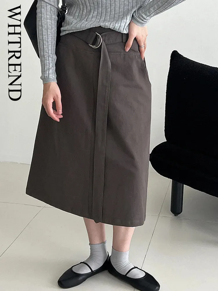 

WHTREND Korean Style High Waist Button Skirt For Women Autumn New Splicing Slimming A-line Midi Skirts WH1545