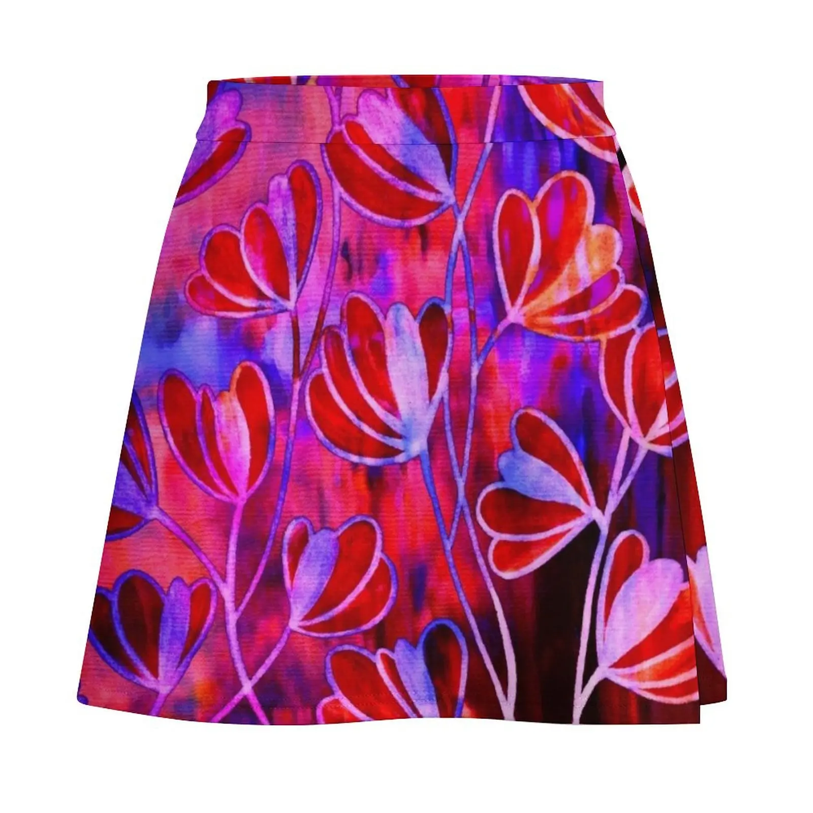 EFFLORESCENCE Bold Hot Pink Red Blue Floral Garden Watercolor Painting Pattern Flowers Nature Fine Art Design Mini Skirt