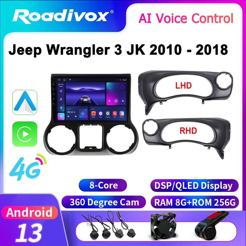 roadivox Android Car Radio for Jeep Wrangler 3 JK 2010 - 2018 Stereo GPS Navigation Video Multimedia Player Tape Recorder