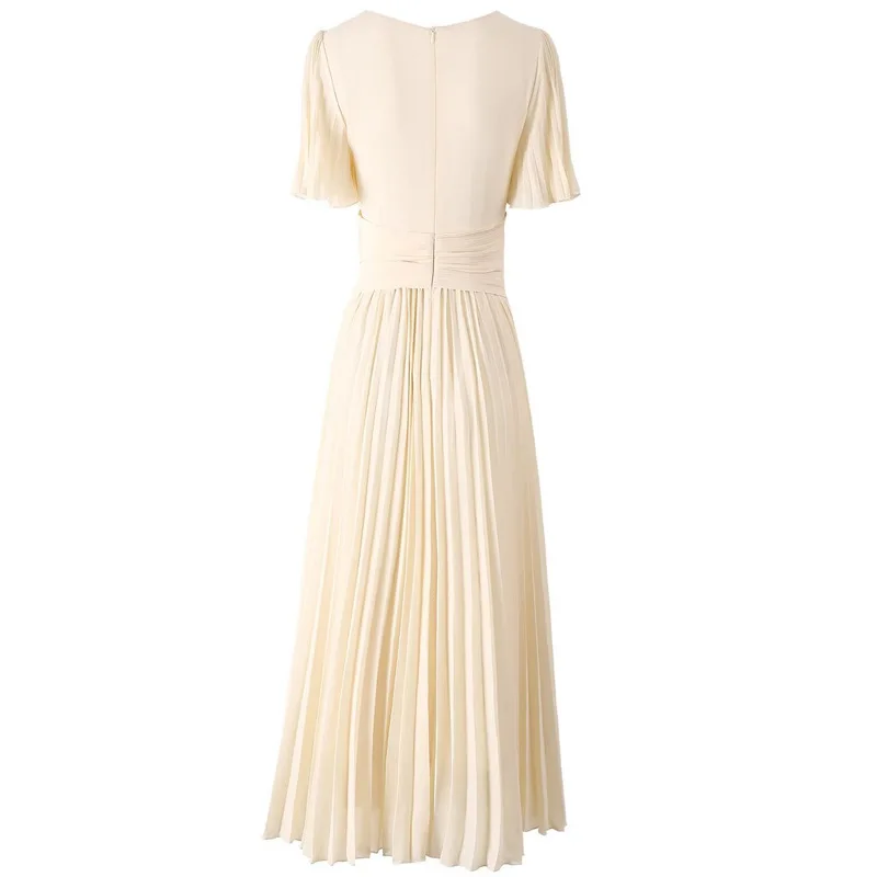 QMQA Fashion Women's Elegant Pleated Dresses V-neck Waist With Bead Buckle Lace Up Chiffon Large Hem Long Dress 2025 Female A839