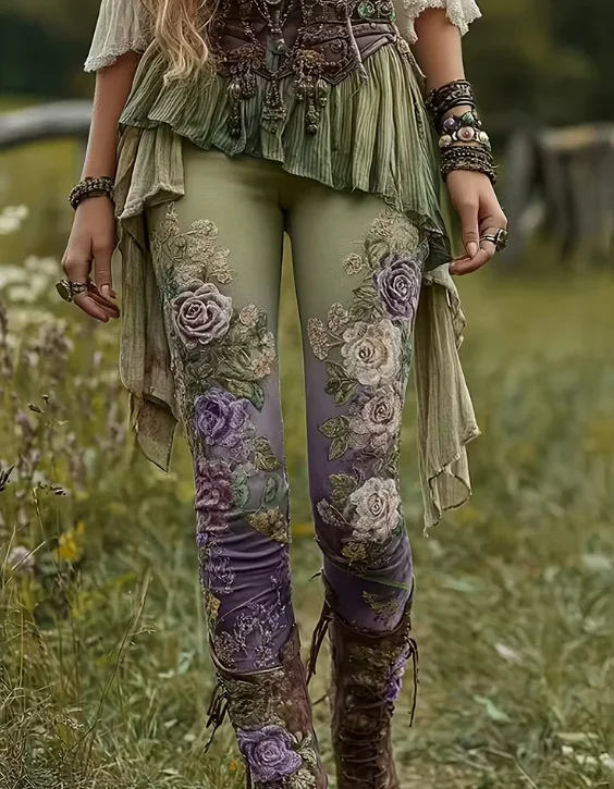 เลกกิ้งสตรี เลกกิ้งลายดอกไม้ย้อนยุค ถุงน่องยืดทรงสลิม กางเกงโยคะแฟชั่นเซ็กซี่ กางเกงออกกำลังกายสุดเท่