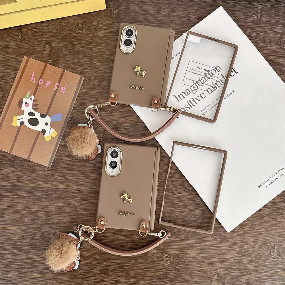 Cute Metal Horse Charm Phone Case For Samsung Galaxy Z Fold 8 Detachable Furry Pom Pom Pendant Leather Protective Foldable Cover