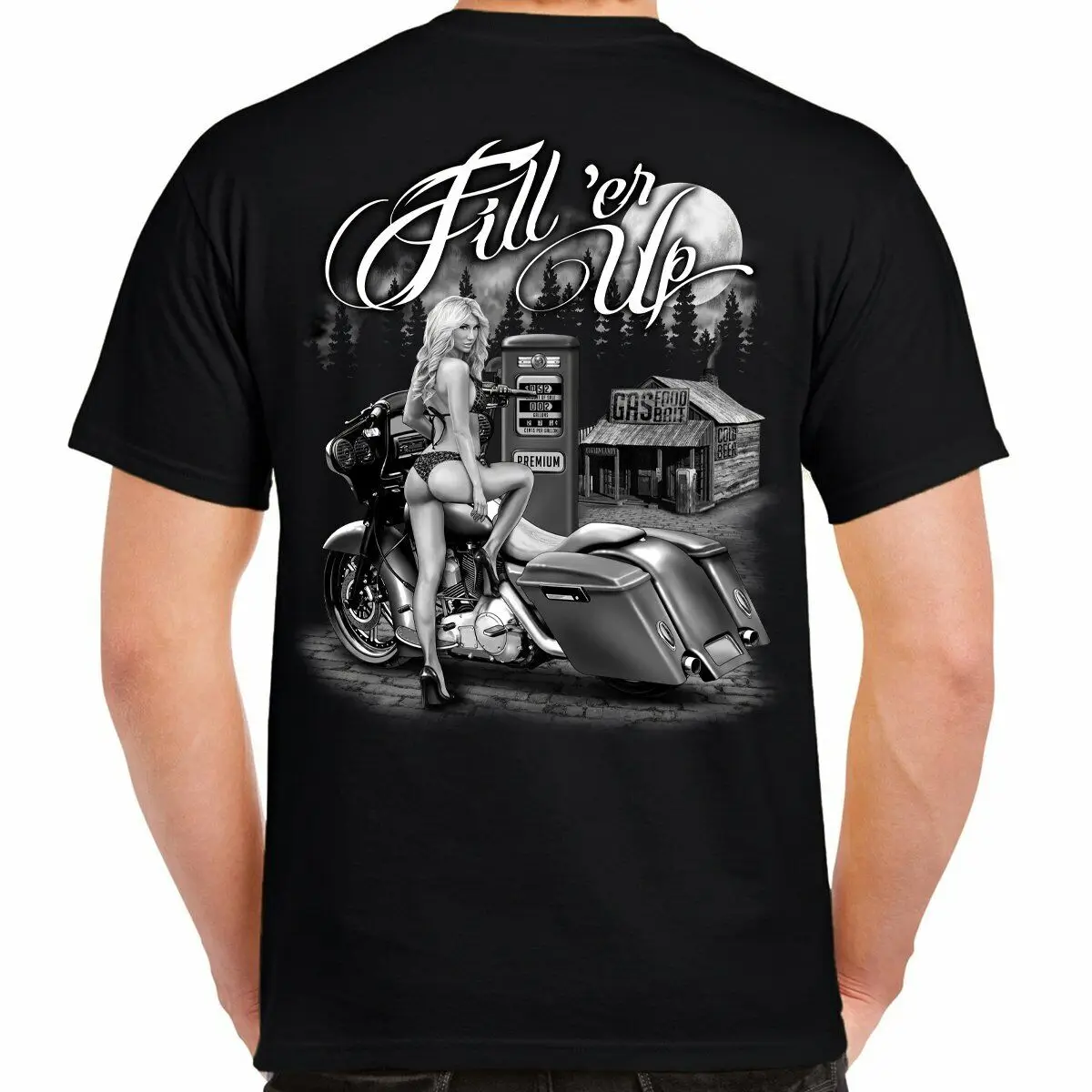 Men's Funny Offensive Motorcycle Humor Fill'er Up Sexy Stripper Biker T Shirt