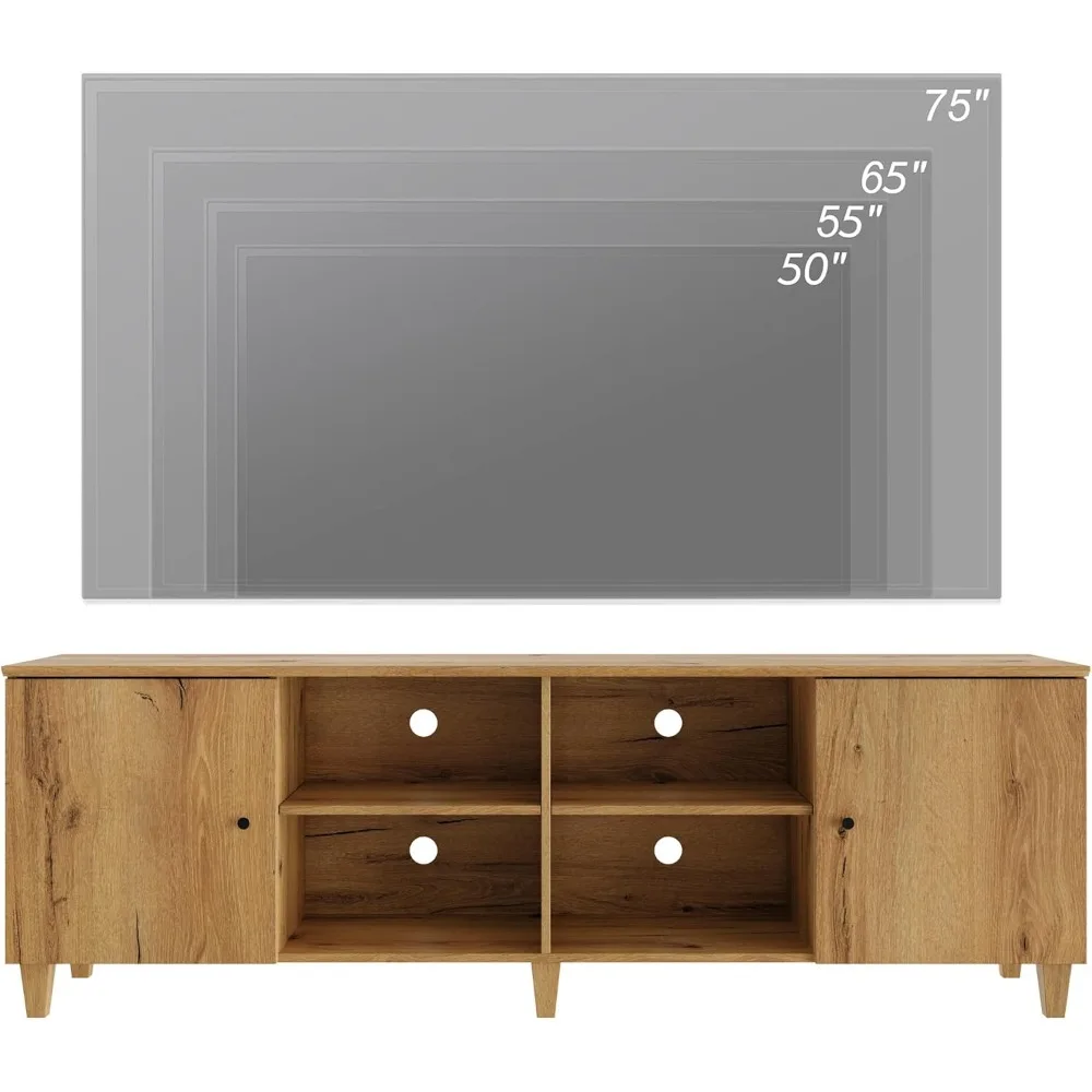 Suporte de TV para TV de mais de 75 polegadas, centro de entretenimento de madeira moderno de meados do século de 70 polegadas com porta, mesa de console de mídia ampla