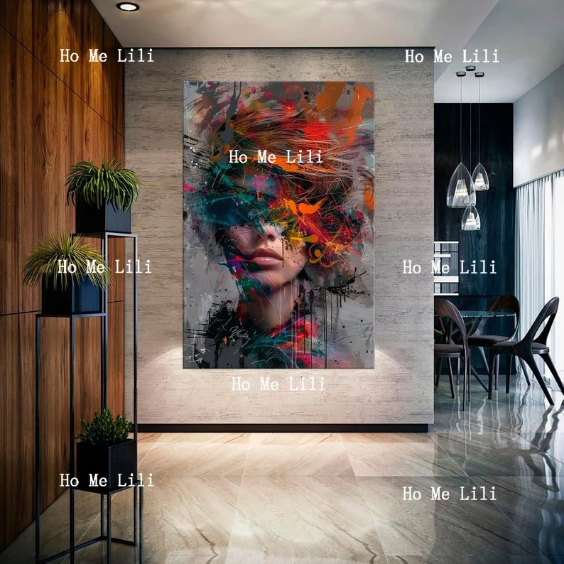 Abstract Canvas Wall Art Woman Painting Abstract Woman Portrait Print Colour Splash Graffiti Contemporary  Fashion Wall Decor