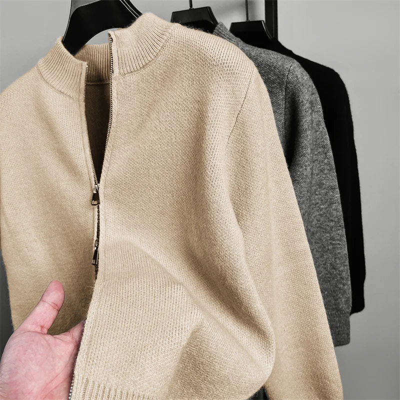 Autumn and Winter Men\'s Solid Color Classic Design Business Zipper Cardigan Korean Style Lapel Long-sleeved Wool Coat Top