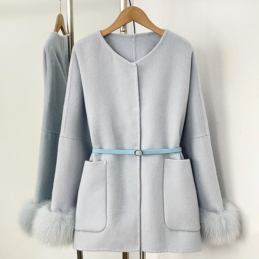 OFTBUY Neue Herbst-Winter-Wollkleidung für Damen mit Echtfuchs-Pelzmanschetten und -Kragen, 100% Wollmantel, Damenjacke mit Naturpelztaschen – Detail 5