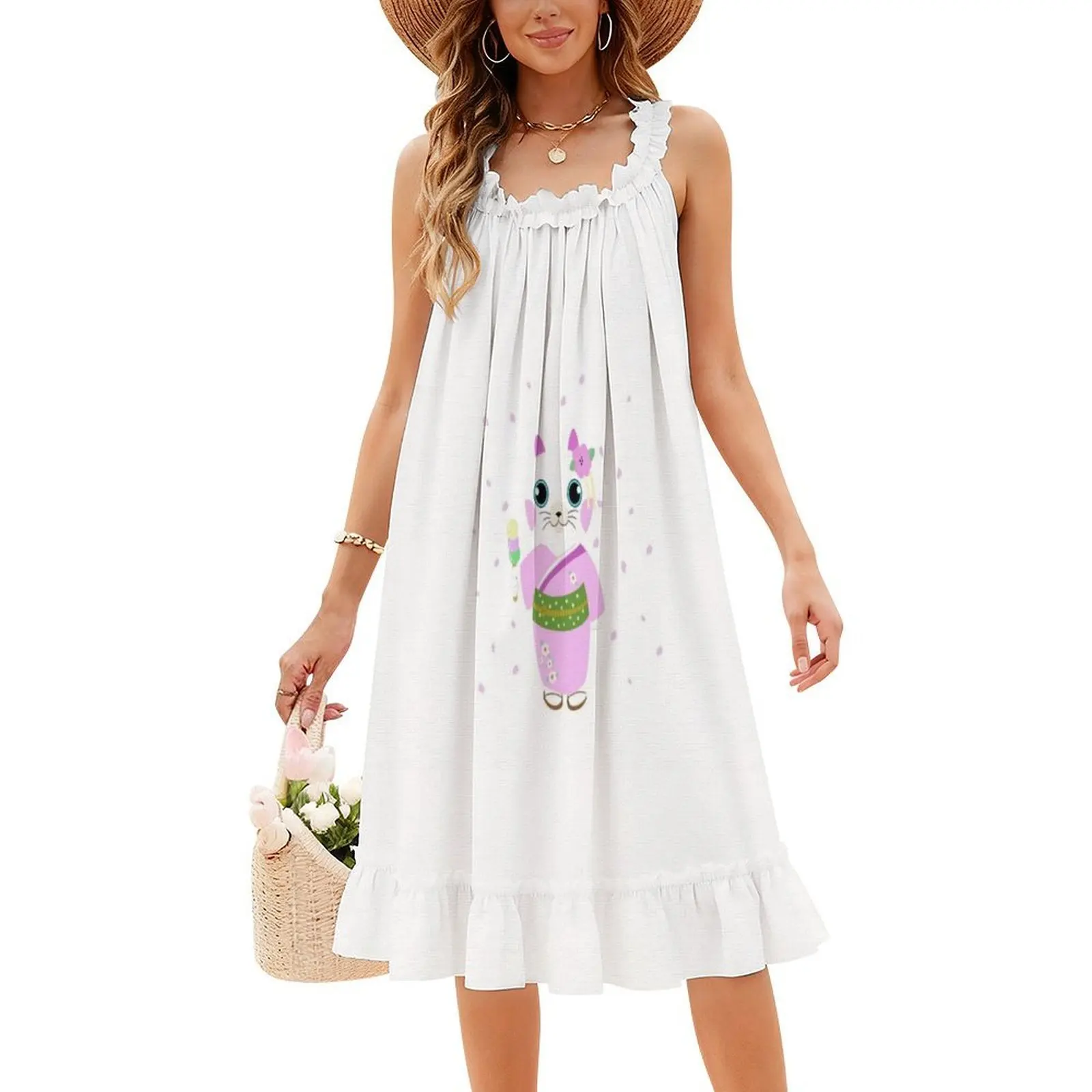 Kimono Cat Vintage Bohemian Dress Puff Sleeve Or Sleeveless Options For Women Dress Kimono Cat Pastel Pink Japan Asia Evening