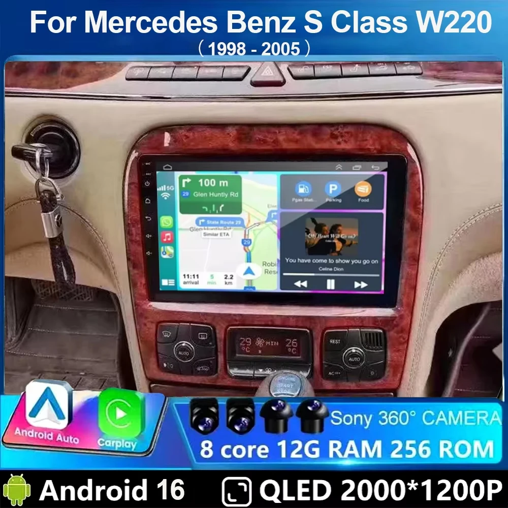 Android 16 Car Radio For Mercedes Benz S Class W220 S280 S320 S350 S400 S430 S500 S600 AMG 1998-2005 GPS WIFI 4G Carplay Auto