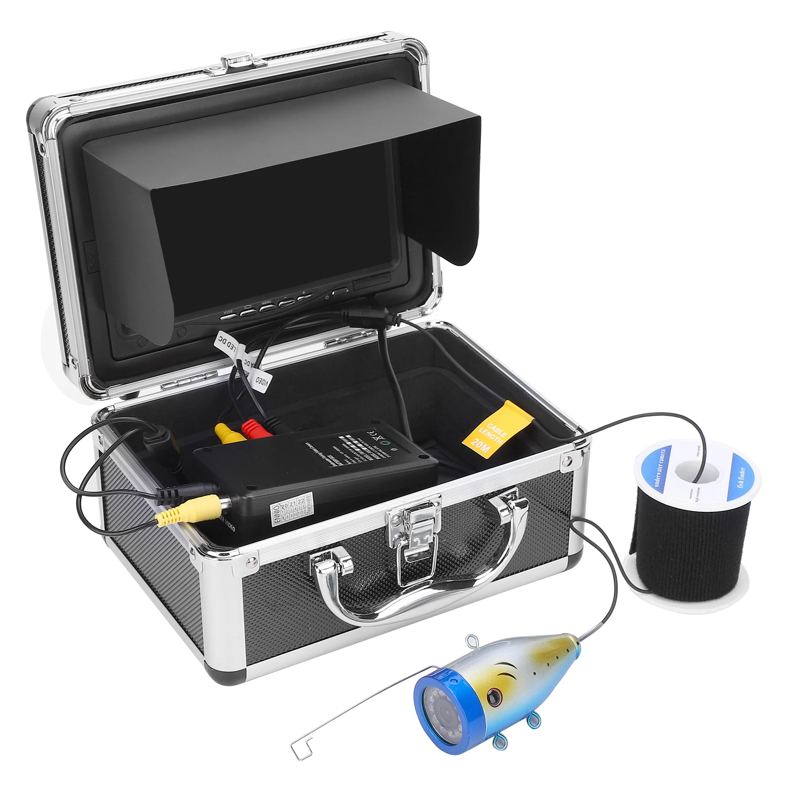 

7-дюймовая камера для подводной рыбалки, цветной TFT-монитор, 12 белых светодиодов, видеокамера 1000TVL, камера для поиска рыбы, IP68, водонепроницаемый кабель 20 метров