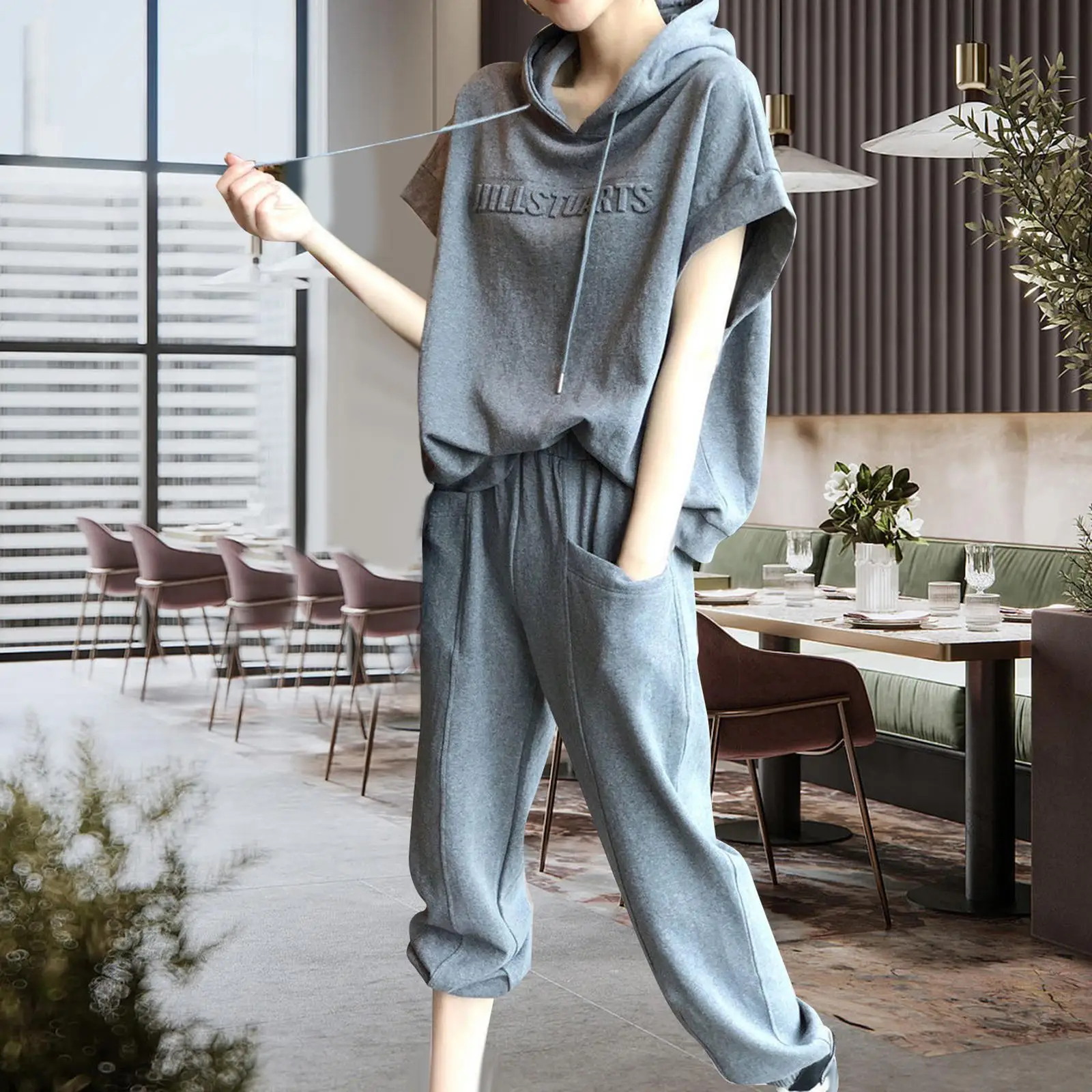 Women's 2 Piece Short Sleeve Tracksuit Loungewear Set Crew Neck Sweatshirt and Drawstring Baggy Jogger Pant