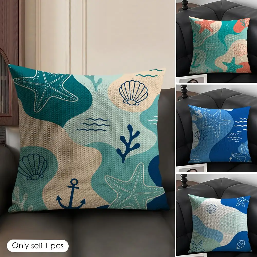Cushion Cover Ocean Pattern Breathable Linen Organic Fabric Double-Sided Printing Sofa Pillow Case Home Decor