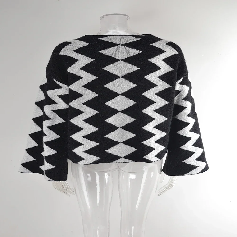 Damen Pullover Mode Retro Pullover Pullover Winter Rhombus Top Strickpullover Rundhals Langarm Casual Pullover