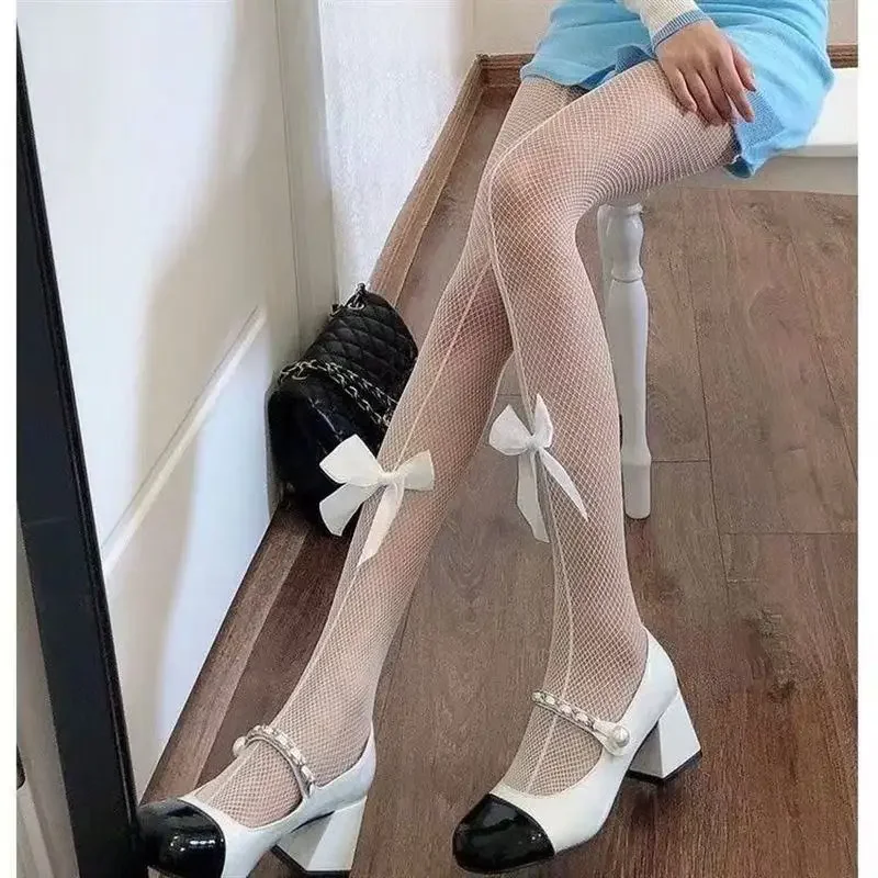 

Сексуальные сетчатые чулки в сетку, колготки с ажурным бантом, прозрачные тонкие колготки в сетку, вечерние клубные сетчатые черные женские колготки