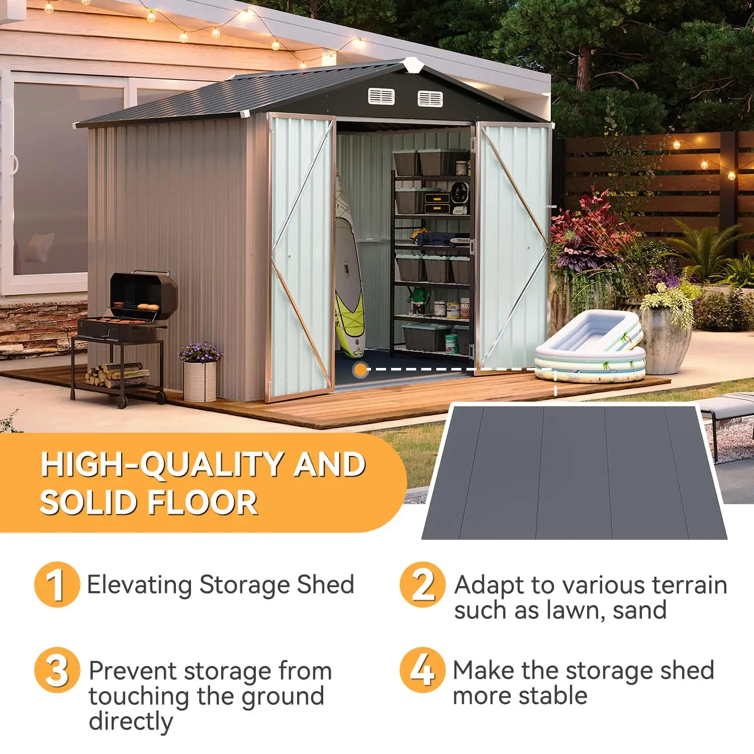 8x6FT Galvanized Steel Outdoor Storage Shed With Floor Double Doors Moisture Proof Custom Garden Tool Storage House