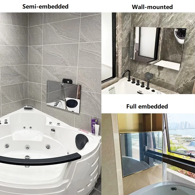 Smart Screen TV Monitor multi-dimensione a LED a parete per bagno Specchio da cucina Doccia impermeabile nera Rilassa Colata wireless