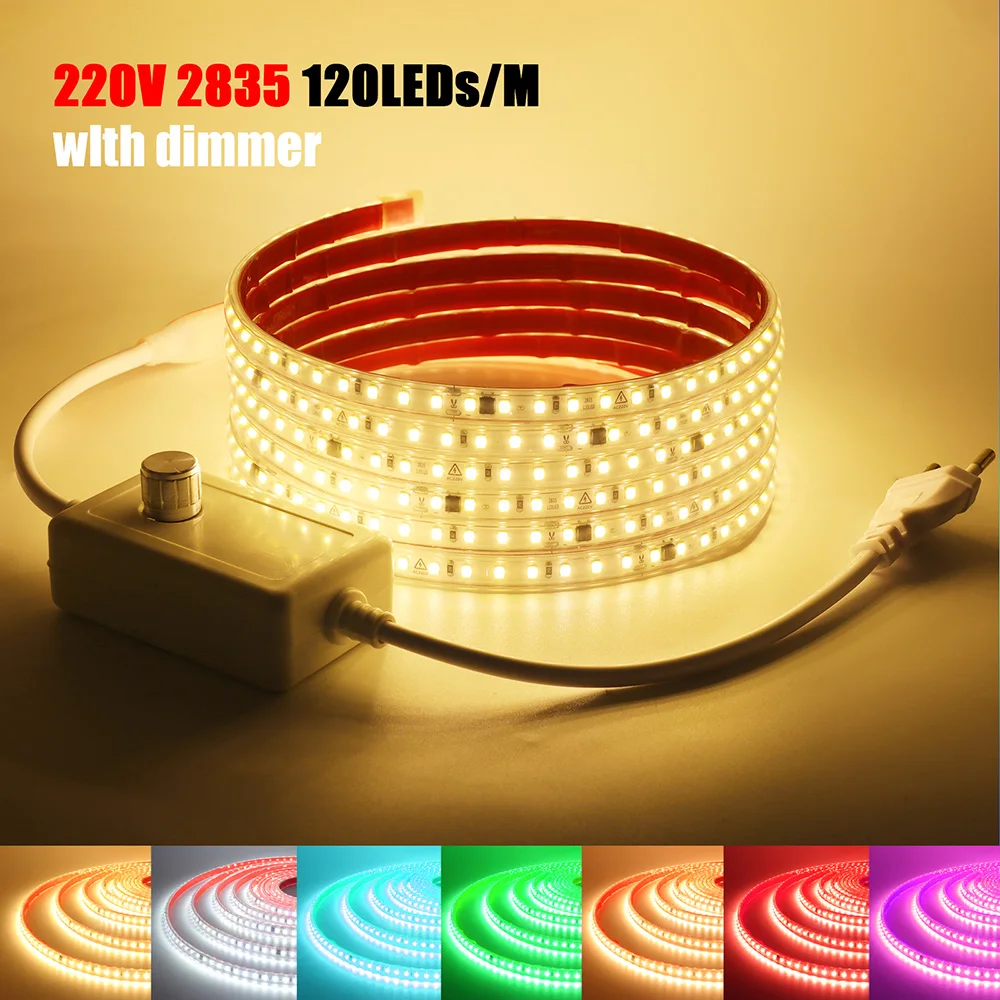 Imagem -01 - Dimmable Led Strip Light eu Power Kit ic 2835 Iluminação de Alto Brilho Fita Diodo Flexível Impermeável 220v 120 Leds por m dimmable led strip light eu power kit ic 2835 iluminacao de alto brilho fita diodo flexivel impermeavel 220v 120 leds por m 01