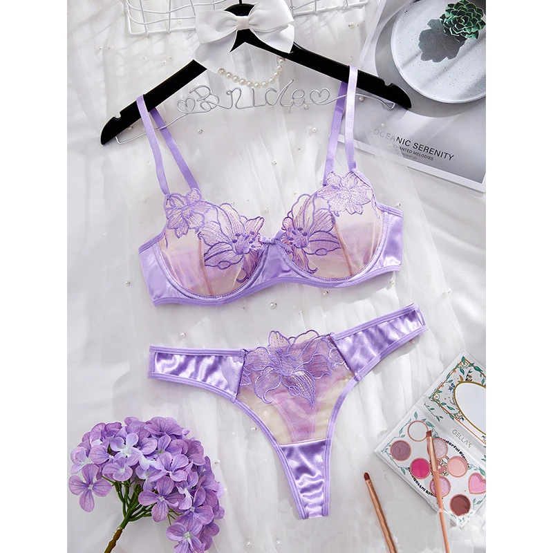 مجموعة الملابس الداخلية النسائية الأزهار التطريز جنسي الملابس الداخلية رومانسية الأرجواني ملابس داخلية شفافة الحميمة رقيقة جدا حمالة صدر ولباس داخلي مجموعة #2