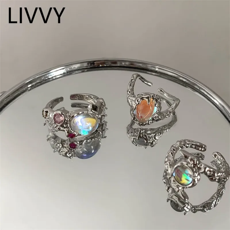 LIVVY 2022 New Silver Color Fashion Creation Irregular Moonstone a\Adjustable Ring For Women Charm Luxury Jewelry Party Gift