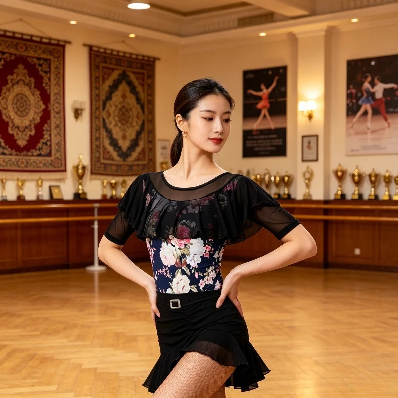 

Women Mid-Length Sleeves Print Mesh Ruffle Latin Dance Top Autumn Samba Practice Party Dancewear performance accessories zym