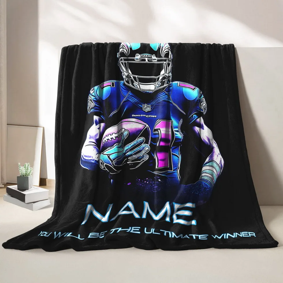 Customized American football player flannel blanket, personalized name sports theme,all year round digital printed soft and warm