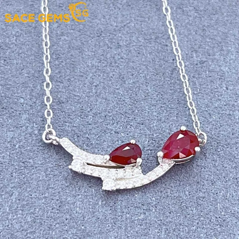 

SACE GEMS S925 Sterling Silver Certified 3*5MM Natual Ruby Pendant Necklaces for Womne Engagement Cocktail Party Fine Jewelry