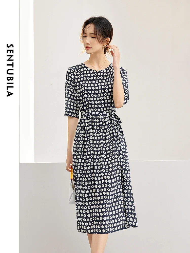 SENTUBILA 100% Silk Luxurious Dress for Women 2024 Summer Wave Point Print Half Sleeve O Neck Lace Up A Line Dress 142L53163X