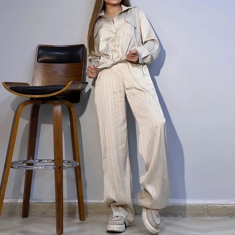 Women Two Piece Sets Print Striped Pant Set Turn Down Collar Full Sleeve Shirt Coats Loose Casual Long Wide Leg Pants 2024