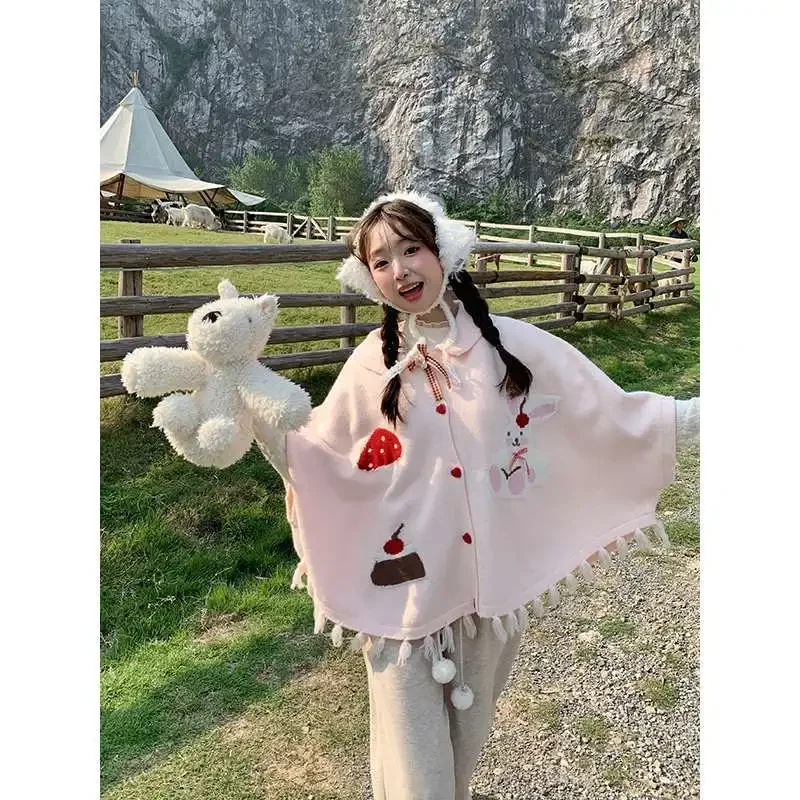 MAGOGO Japanese College Style Autumn Winter Cute Bunny Shawl Cloak Kawaii Lapel Tassel Bow Cardigan Women Knitted Sweater Top