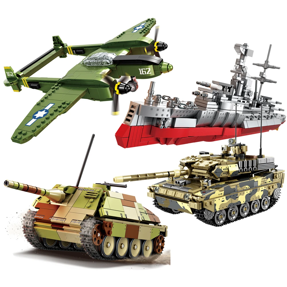 

World War 2 WW2 Army Military Soldiers P-38 Fighter Leopard 2A7 Main Battle Tank Model Building Blocks Bricks Children's Toys